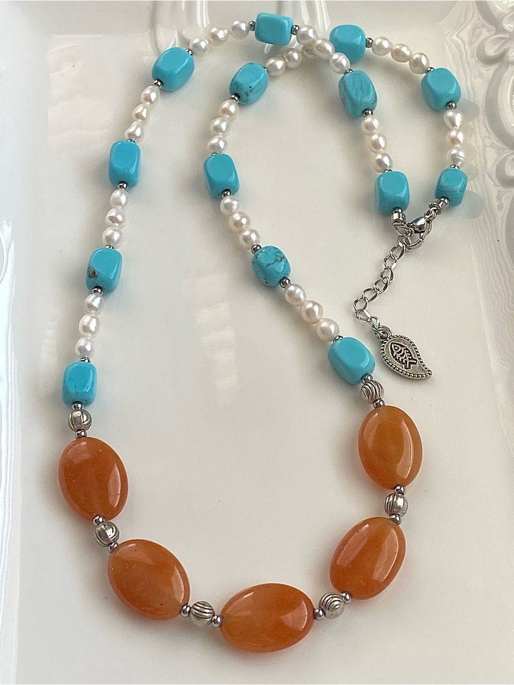 GP81-Handmade Natural Turquoise, Carnelian And Freshwater Pearl Necklace